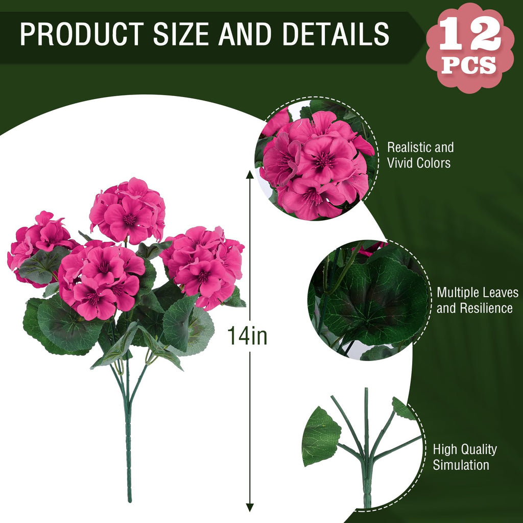 12 Pcs Artificial Geranium Flowers for Outdoors Geranium Silk Flowers Outdoor UV Resistant Garden Plants Faux Flowers