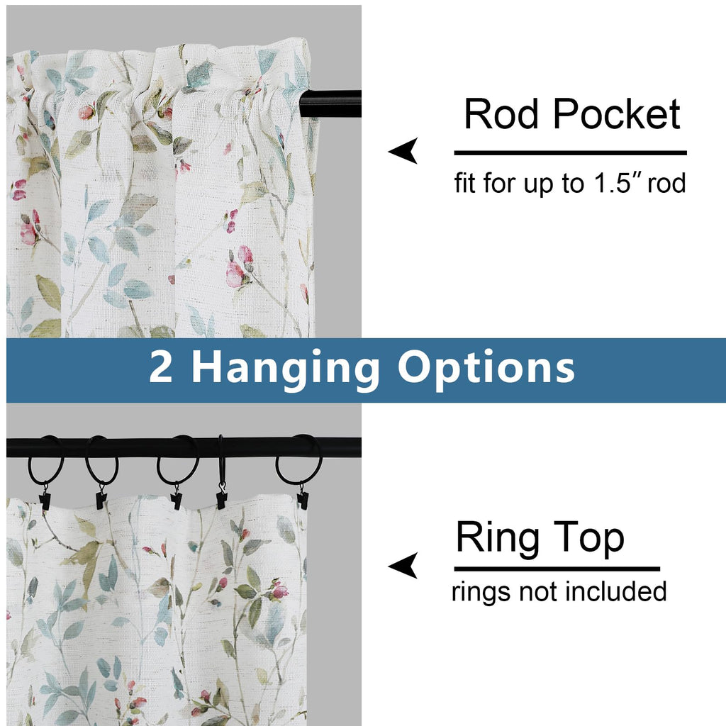 Roman Linen Blend Curtains 84 Inch Length 2 Panels Set, Light Filtering Floral Vintage Curtains Printed Drapes for