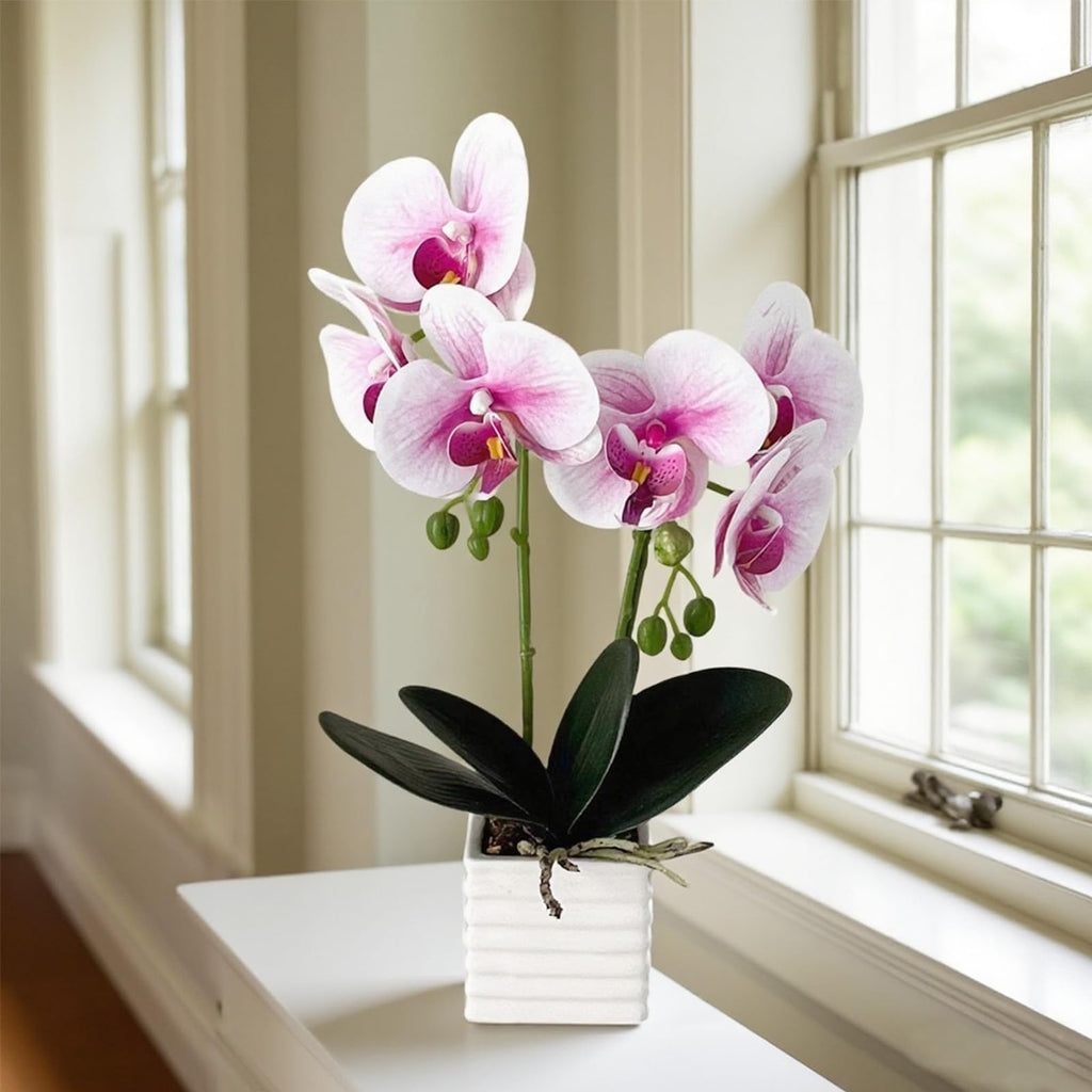 Artificial Orchids Decor Indoor with Vase Orchids Artificial Flowers White Purple Orchid Height 14 Inches