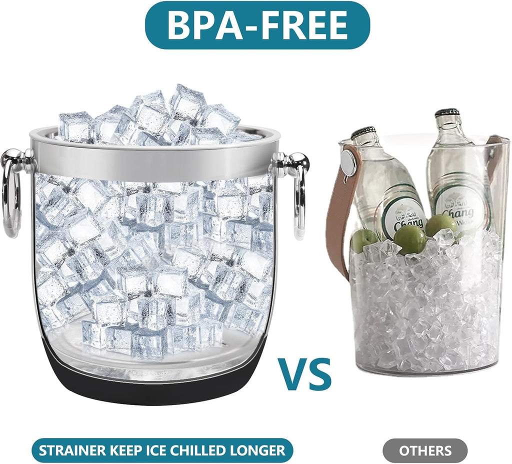 Double-Wall Stainless Steel Insulated Ice Bucket With Lid & Ice Tong [3 Liter] Included Strainer Keeps Ice Cold &