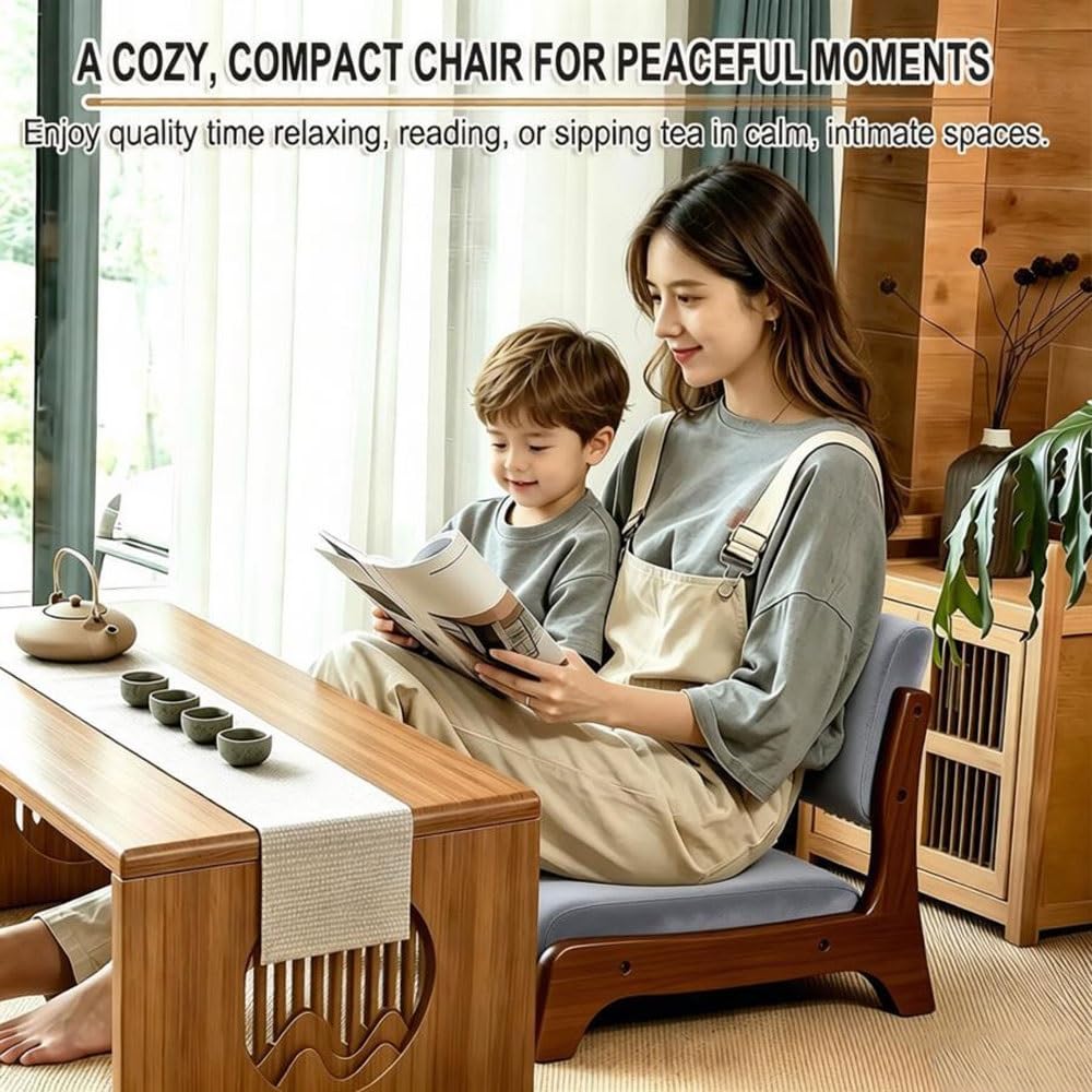 Japanese Floor Chair, Zaisu Meditation Chair, Back Support, Wood Low-Back Tatami, Soft Cushion, Portable Armless for