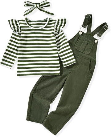 2PCS Baby Girls Clothes Toddler Jumpsuit Rompers Adjustable Ripped Jeans Overalls Set with Long Sleeve Stripe T-Shirt