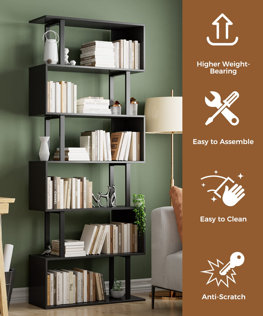6 Tier Geometric Bookcase, Black Book Shelves, Modern Corner Bookcase Storage Shelf Wood, Black