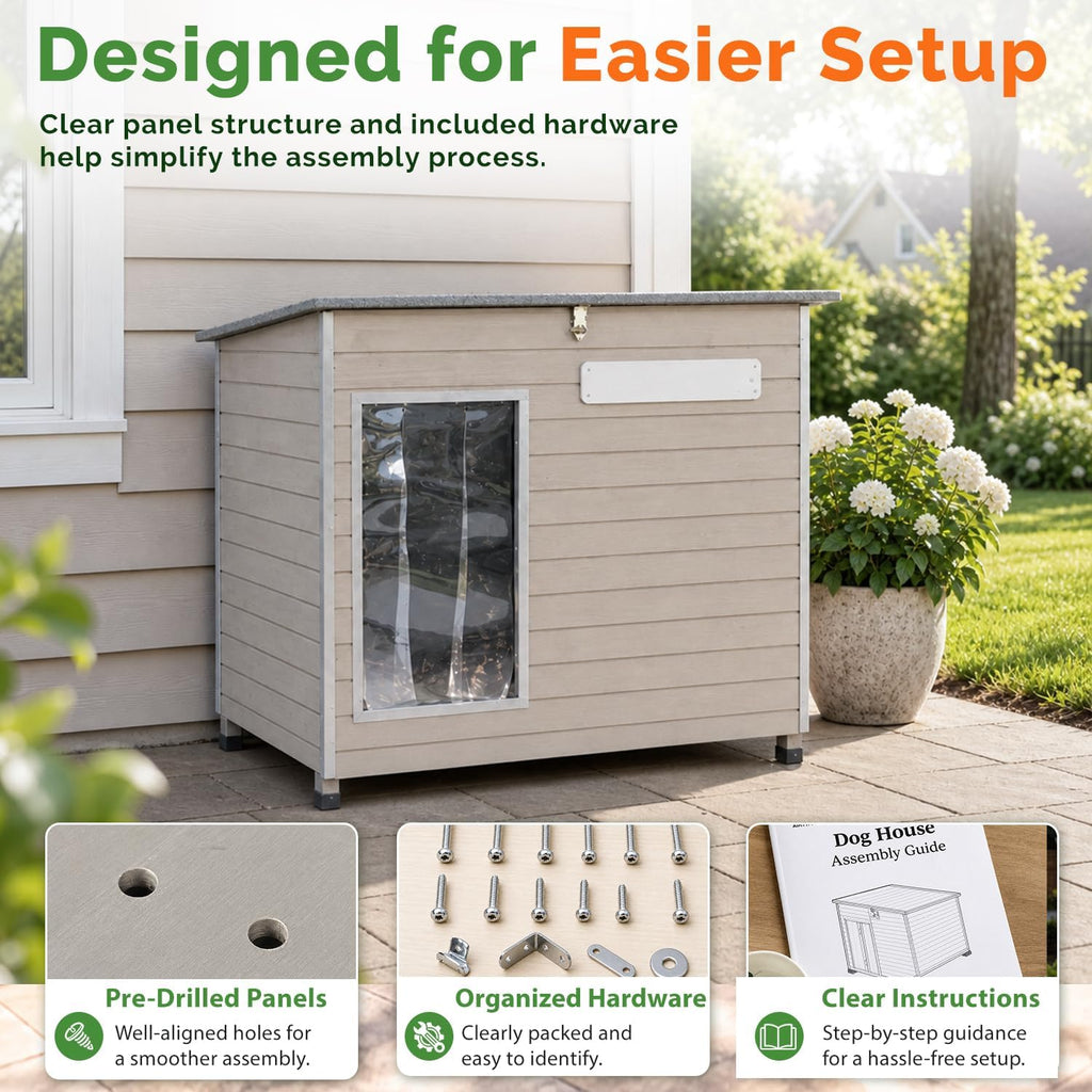 Large Dog House, 43.7-Inch Wooden Outdoor Shelter, Metal Frame