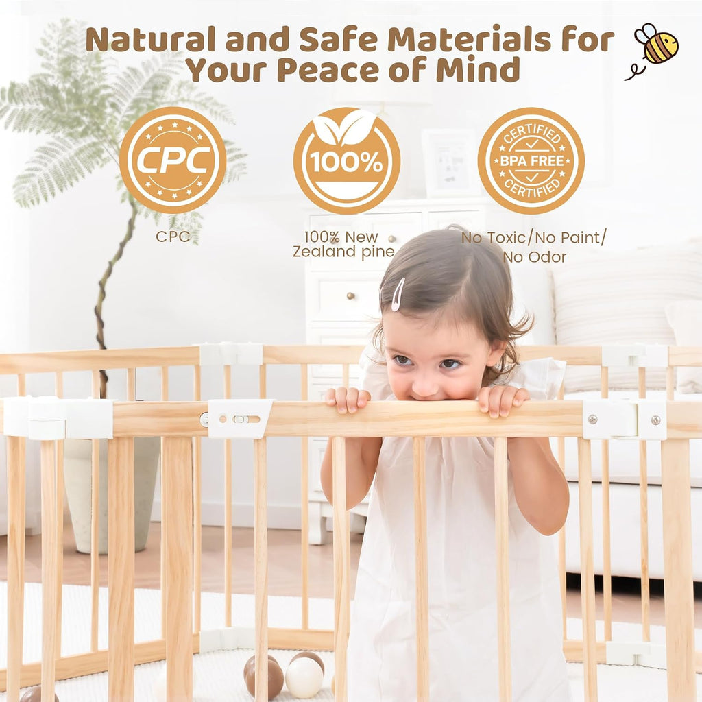 Wooden Baby Playpen Foldable Play Yard with Gate 86"x58" Natural Wood | Foldable wooden playpen, dual-lock gate