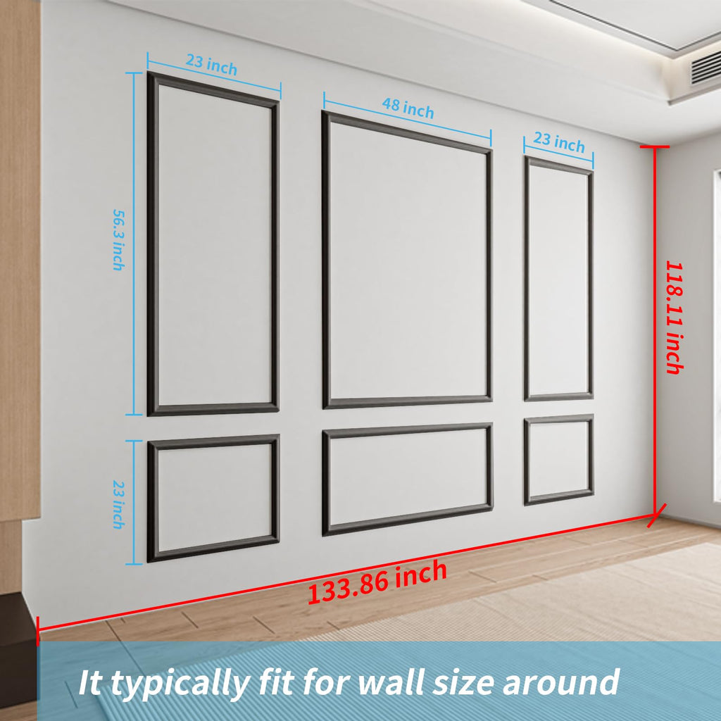 Pre-Cut Wall Molding Set of 6 pcs, 3 Top 3 Bottom, Black