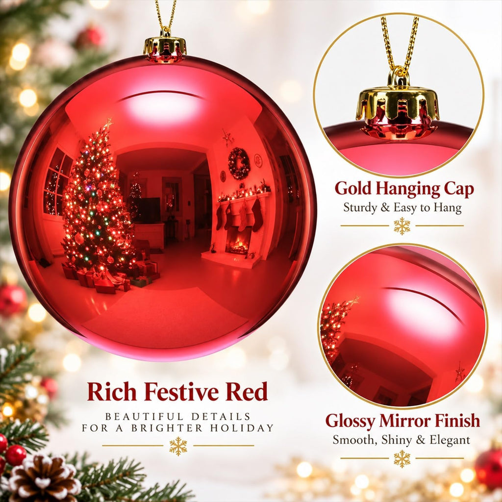 8" 4 Pcs Large Christmas Ornaments Ball, Shiny Red