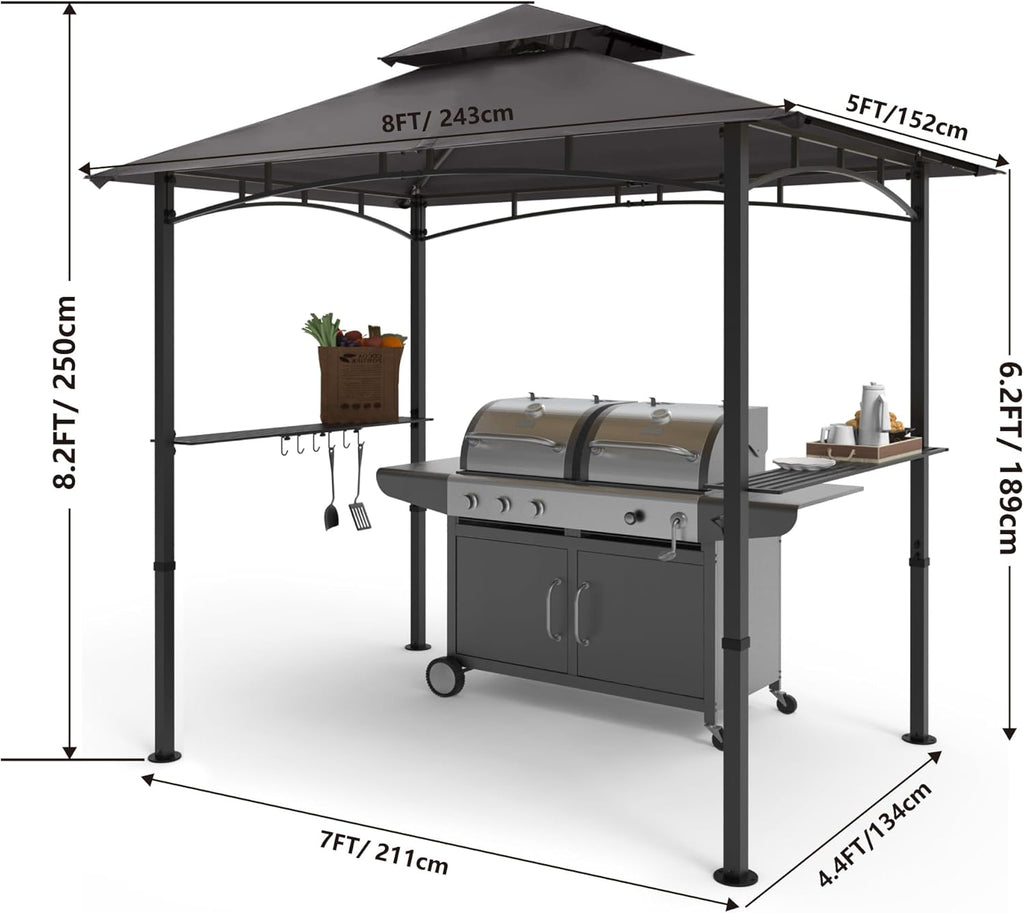 8'x 5' Grill Gazebo Double Tiered Outdoor BBQ Gazebo Canopy with LED Light (Gray)