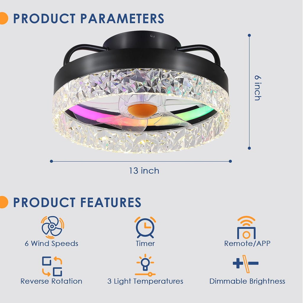 13in Flush Mount Ceiling Fan with RGB Light - Small Bladeless Ceiling Fan Light with Reversible Mute Motor, LED Dimmable, Low Profile Enclosed Ceiling Fans for Modern Indoor A101-B0DBZMWL2S