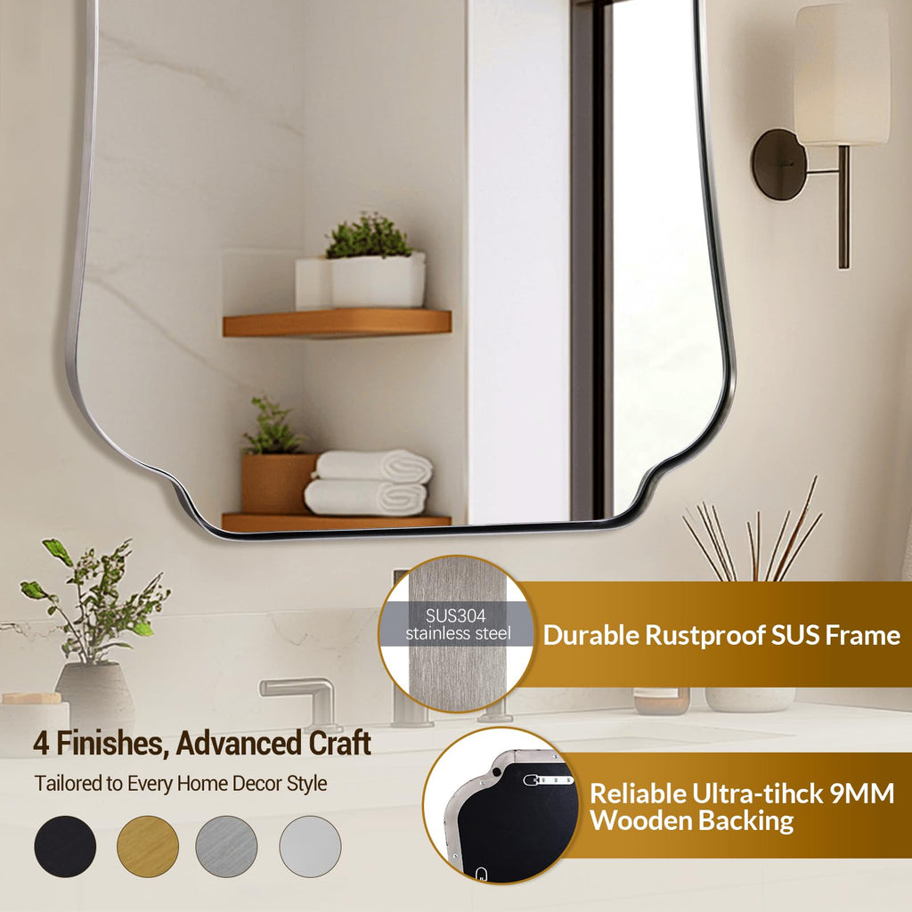 30x48 Brushed Nickel Mirror, Large Silver Scalloped Bathroom Wall Mirror with Metal Frame for Vanity, Vintage