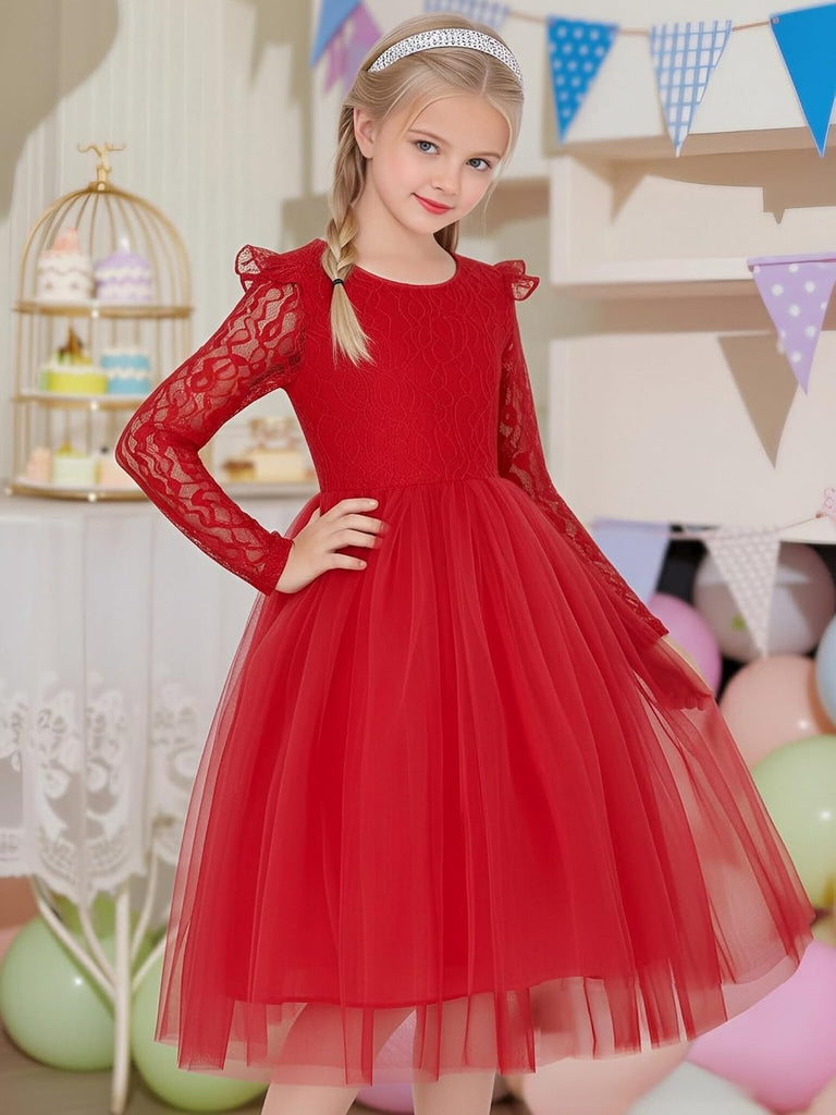 Flower Girls Dress Lace A-Line Long Sleeves Tulle Dresses