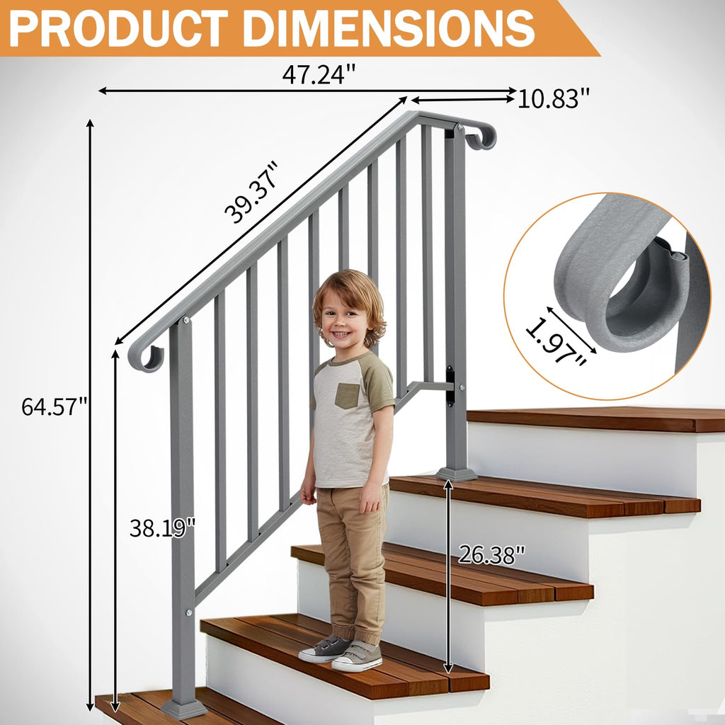 Handrails for Outdoor Steps, Stair Handrail Fits 1 to 5 Steps, Wrought Iron Hand Rail Stair Railing Kit for