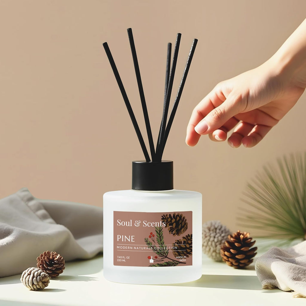 Reed Diffuser Set - Pine | 7.43 oz Refillable Scented Oil with 6 Fiber Sticks | Long-Lasting Home Fragrance & Air