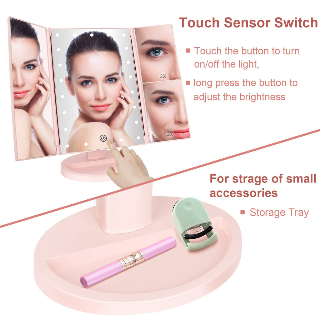 Tabletop Mount Tri-Fold Lighted Vanity Mirror with 21 LED Lights, Touch Screen and 3X/2X/1X Magnification, Two Power