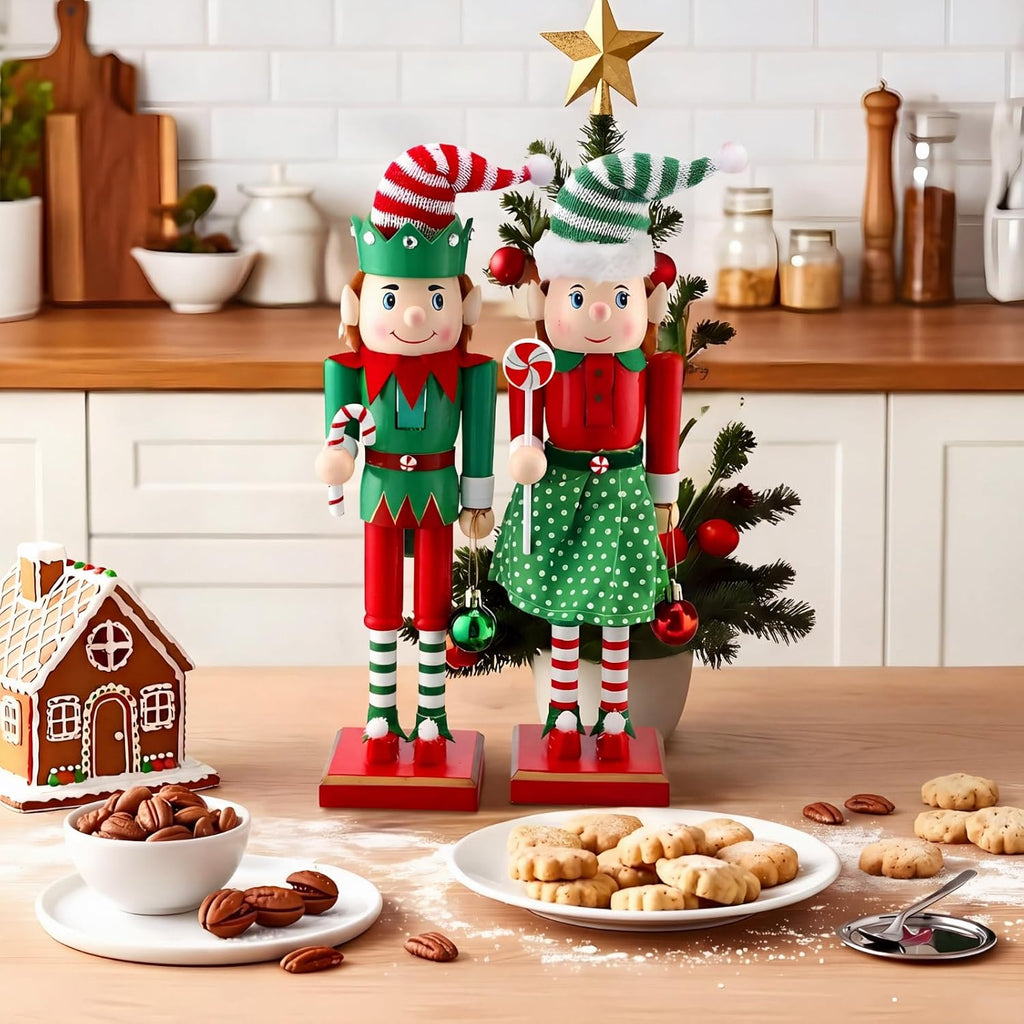 2 Pcs Christmas Nutcracker 14 Inch Wooden Elf Candy Cane Decor