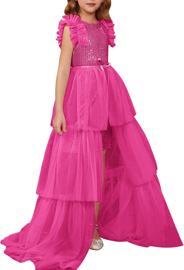 Girls Sequin Formal Pageant Fancy Party Ruffle Prom Maxi Dress