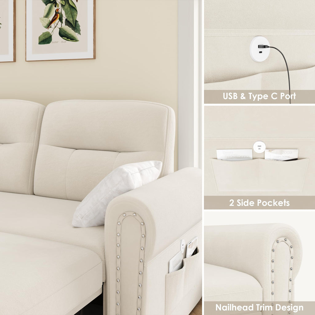 Sleeper Sofa Bed, 83'' Pull Out Couch Bed with Reversible Storage Chaise & Nailhead Armrest, Sectional Couches, Side