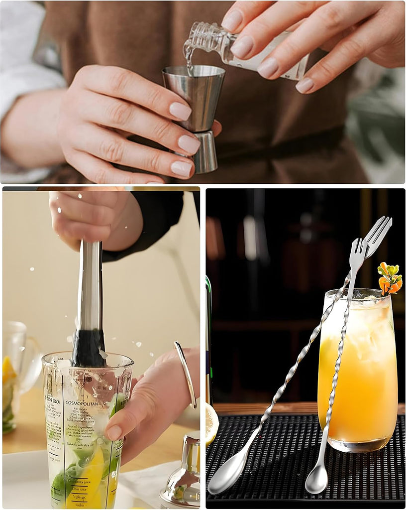 8"Stainless Steel Muddler, 10"Mixing Spoon & Jigger for Cocktails - Set of 3