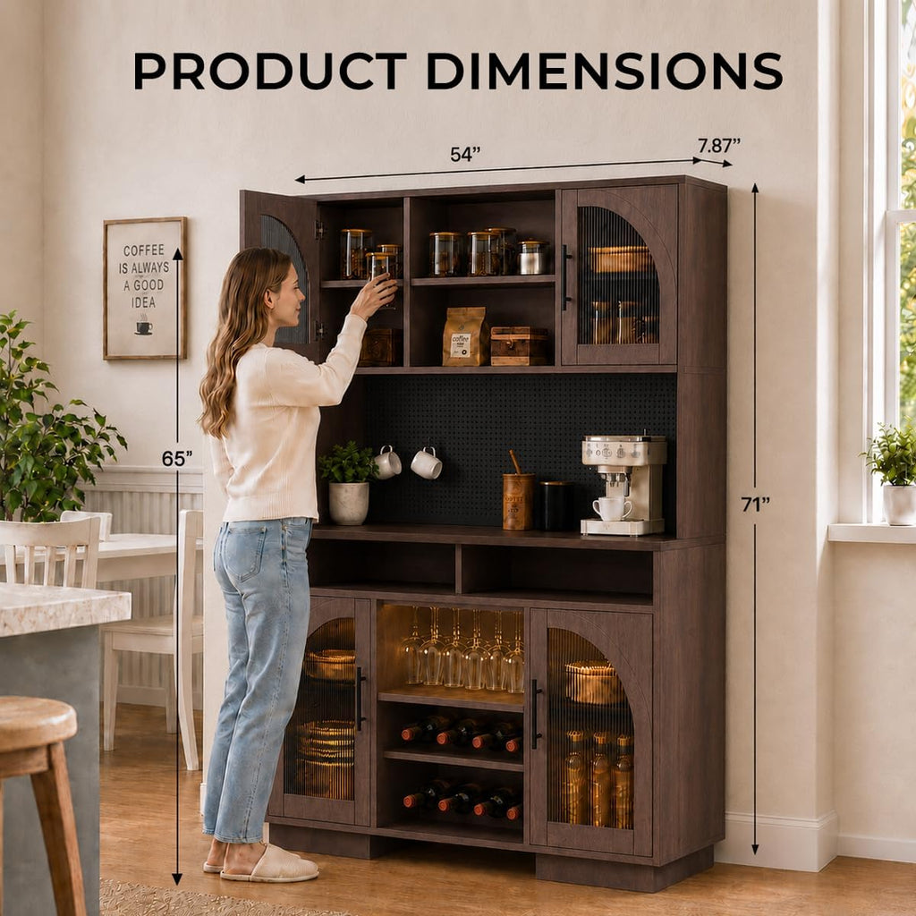71" Tall Pantry Cabinet with Charging Station, LED Lights & Microwave Stand | 54"W Brown Modern Storage Cabinet with