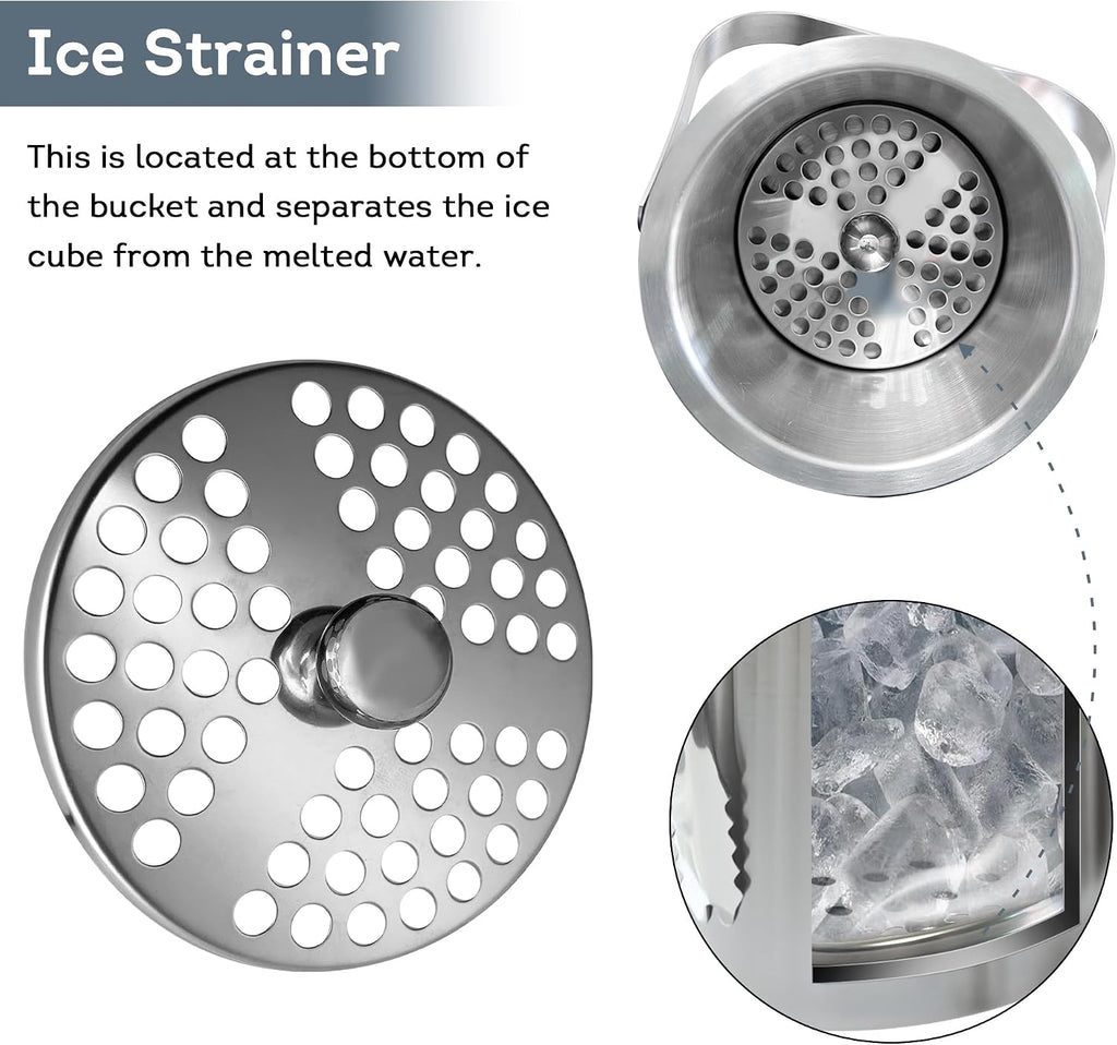 Double Wall Insulated Small Ice Bucket with Bamboo Lid - Stainless Steel Ice Holder with Tongs and Strainer