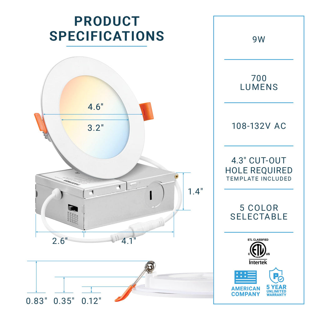 6 Pack 4 Inch LED Recessed Ceiling Light 5CCT Ultra-Thin ETL
