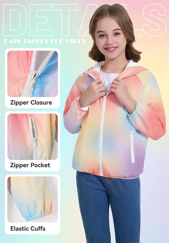 Girls Lightweight Rain Jacket Hooded Water-Resistant Windbreaker