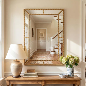 36" x 24" Gold Rectangle Wall Mirror, Decorative Mirror with Beaded Frame, Fireplace, Bedroom, Modern Vintage Wall