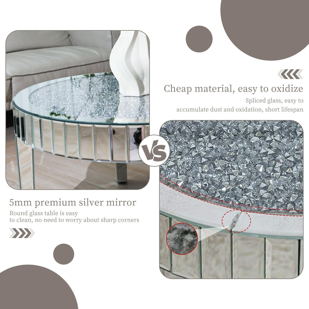 Silver Mirrored Coffee Table: 31.5in Round Crushed Diamond Tabletop