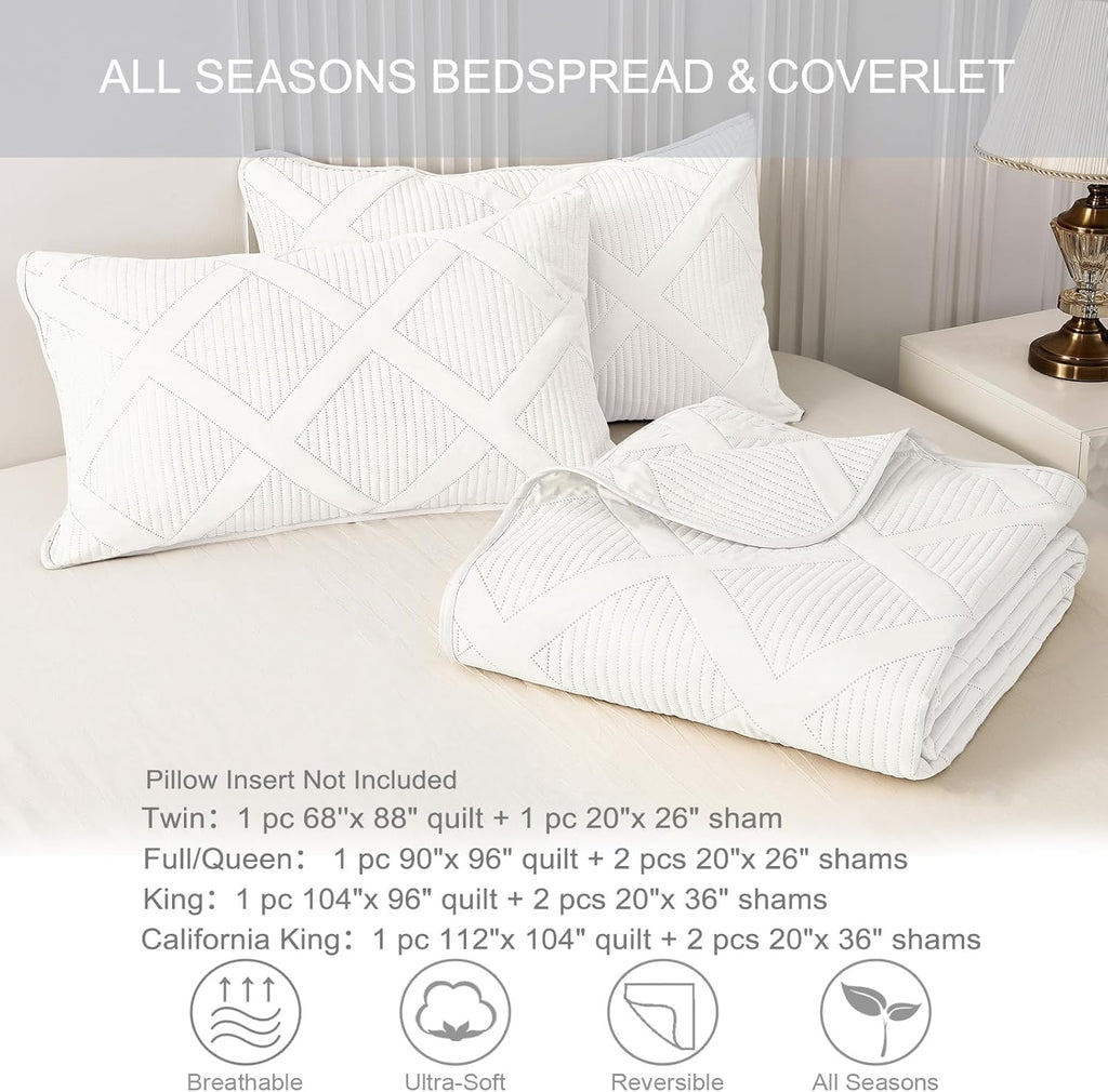 Quilts Queen - White Quilt Set Bedspread with 2 Pillow Shams, Modern Bedding Set with Striped Pattern, Soft