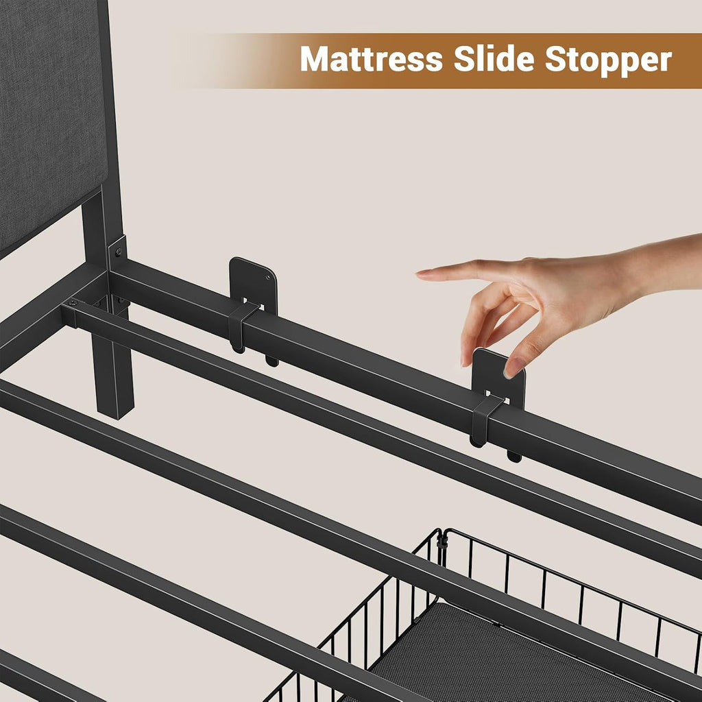 Corner Bed Frame with Storage Drawers, Twin Daybed with Line Fabric Upholstered Fence, Kids Bed Unit with LED Light