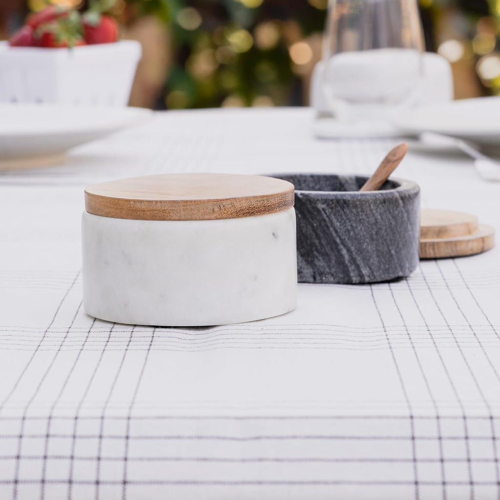 Marble Salt Cellar with Acacia Wood Lid and Spoon, White