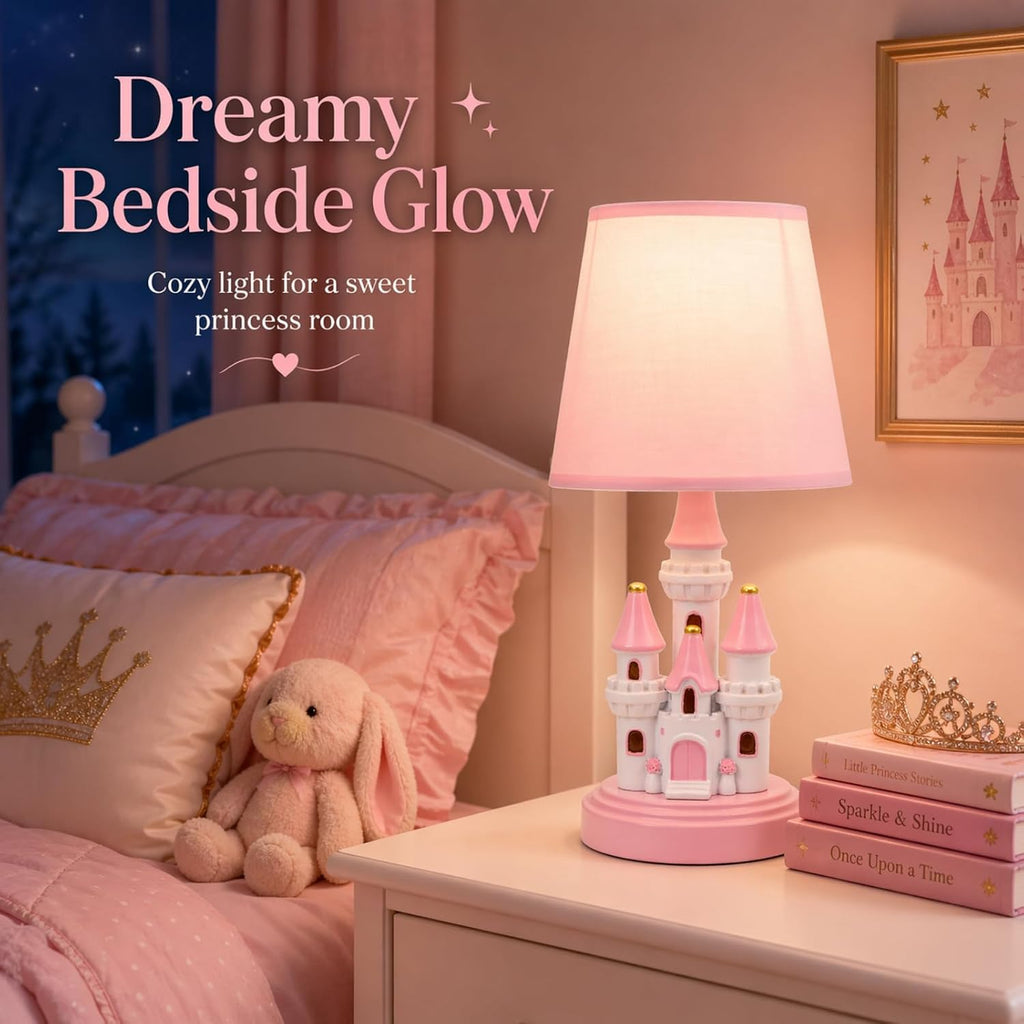 Kids Table Lamp, Adorable 14 Inch Castle Style Kids Desk Lamp, Pink Bedside Lamp Ideal for Girls Bedroom Decor
