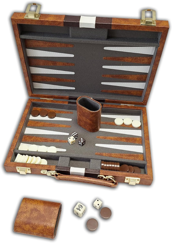 18-Inch Brown & White Vinyl Backgammon Set with Velour Interior, Sewn Points, Dice Cups and Doubling Cube.