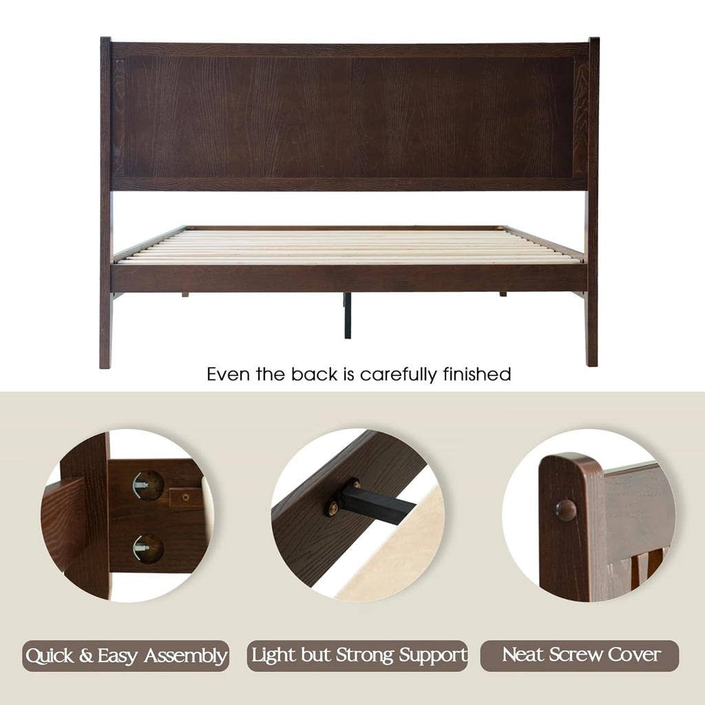 Queen Size Bed Frame with Headboard & Footboard, Solid Wood Platform Bed, Central Metal Legs, 12 Sturdy Slats, Under