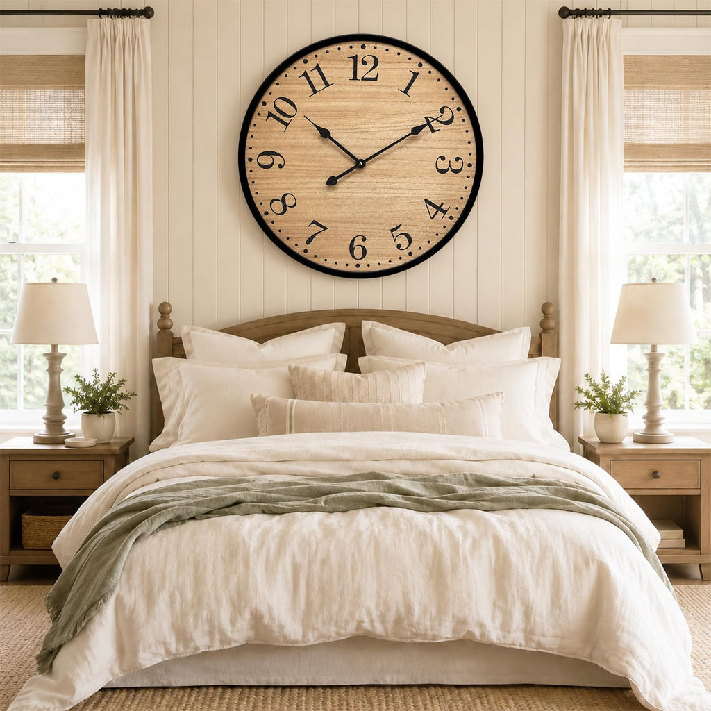 30 Inch Rustic Farmhouse Wall Clock, Large Silent Wooden Wall Clock with Natural Wood Grain Face & Black Metal Frame