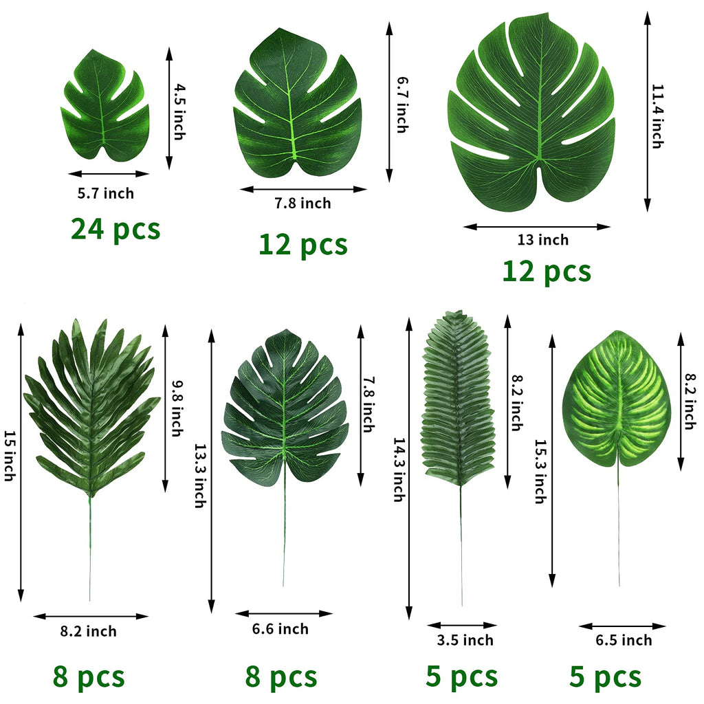 74 Pcs 7 Kinds Artificial Palm Leaves Tropical Fake Leaves, Monstera Leaf for Safari Jungle Hawaiian Dinosaur Luau