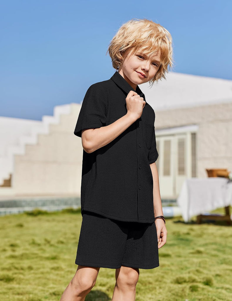 Boys 2 Pieces Summer Outfits Short Sleeve Button Down Shirts and Shorts Sets for Kids Vacation Beach Wear