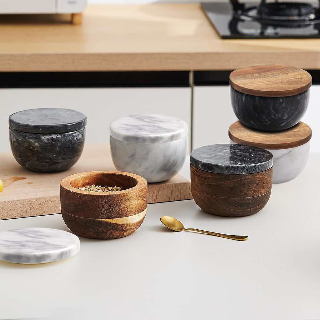 Black Marble Salt Cellar with Lid, Large 10oz Spice Keeper Pot with spoon