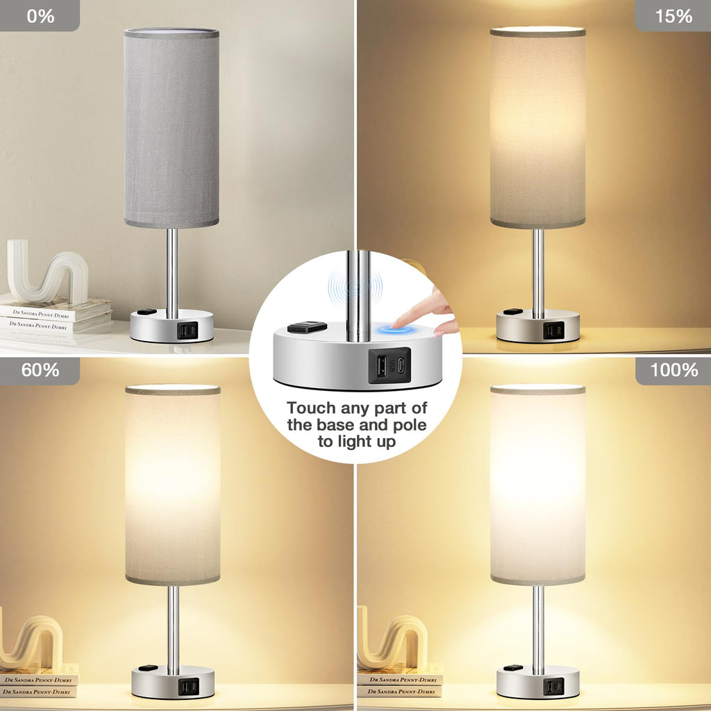 Grey Bedside Lamp, Dimmable Touch, USB A+C, AC Outlet