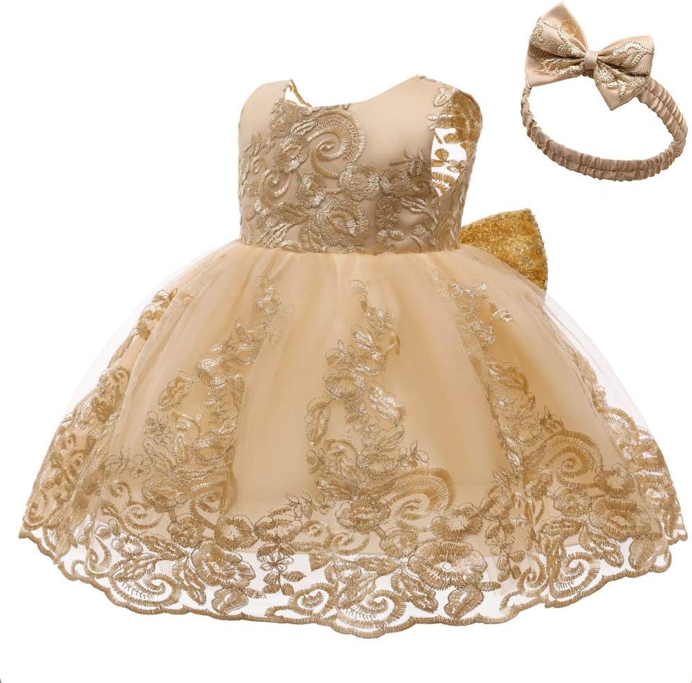 0-6 Years Baby Girls Pageant Lace Embroidery Dresses Toddler Formal Dress with Headwear