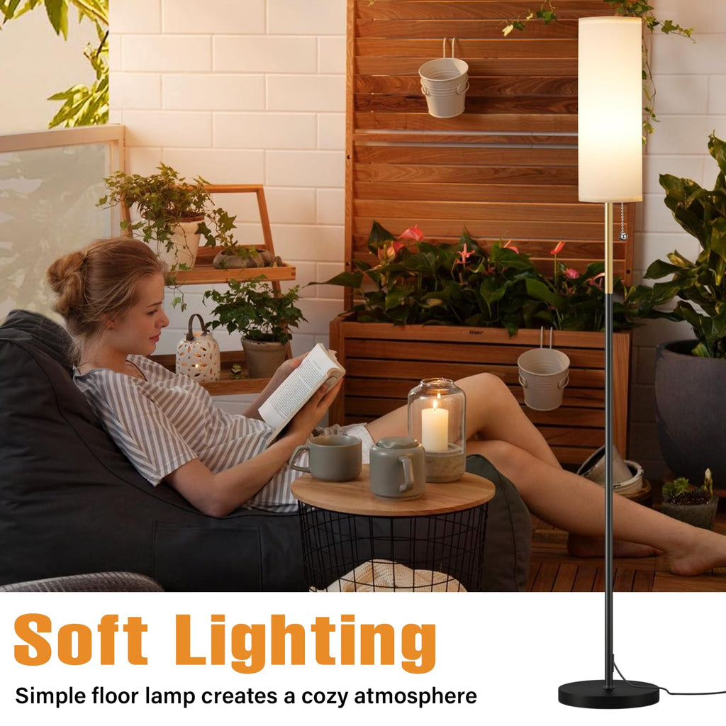64" Floor Lamp with Bulb & Lampshade & Chain Switch, Black & Gold