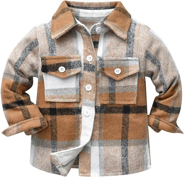 Boys Girls Flannel Plaid Shirt Jacket Long Sleeve Lapel Button Down Pocketed Shirts Regular Fit Casual Fall Coat