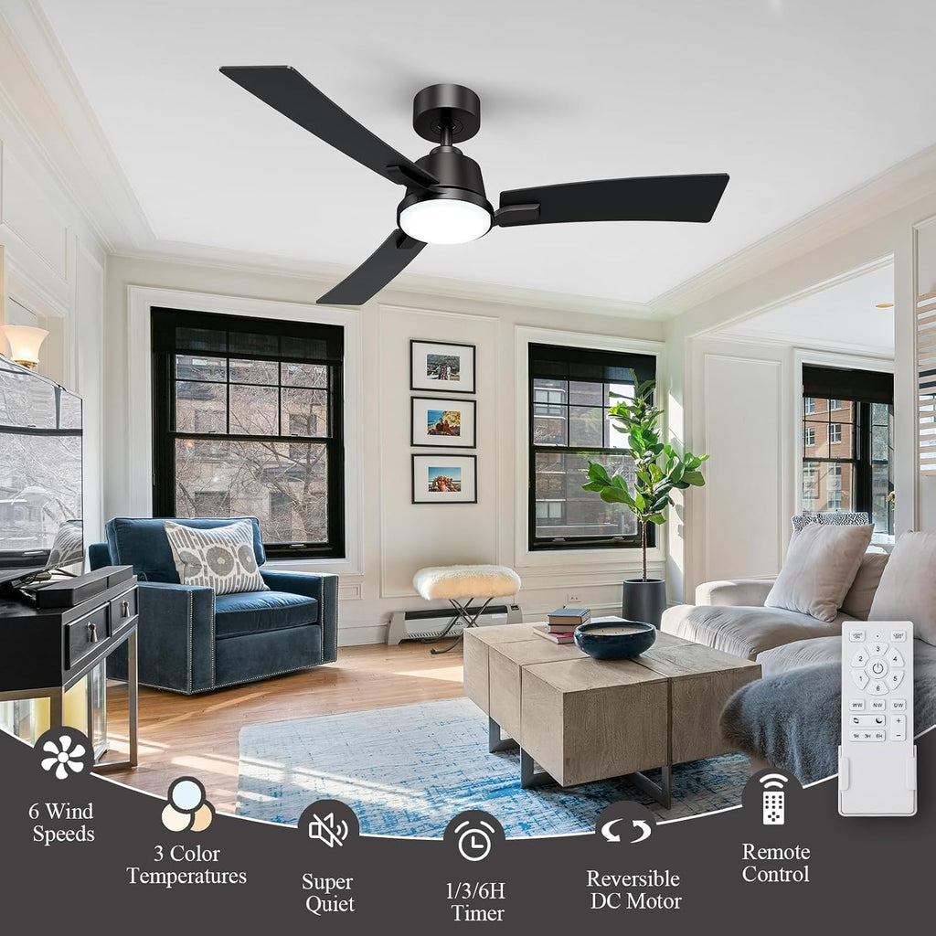52 Inch Ceiling Fans with Lights,Low Profile Ceiling Fan,Modern Flush Mount,Reversible 6 Speeds,3CCT Dimmable