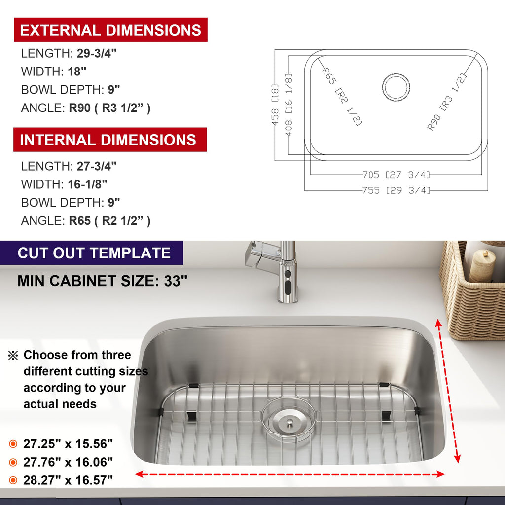 30 Inch Undermount Curved Spacious Single Bowl Kitchen Sink