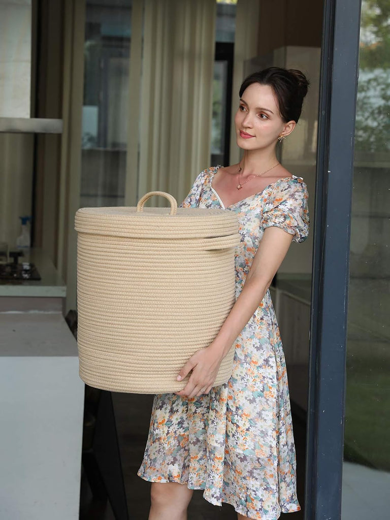 16x18 Inch Extra Large Round Cotton Rope Storage Basket with Lid, Decorative Woven Bin with Cover Bedroom Closet
