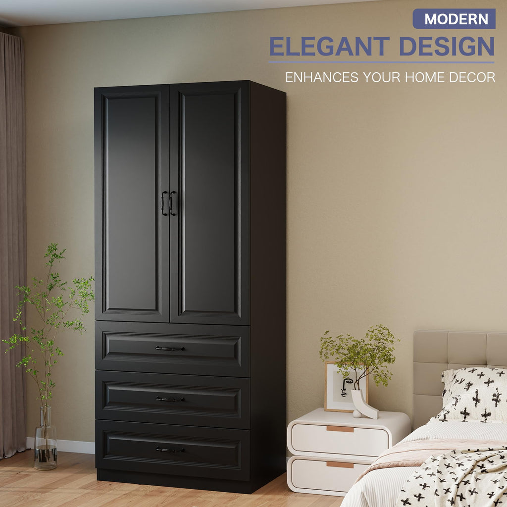 Black Wardrobe Closet with 3 Drawers and 2 Doors, 75" H x 32" W