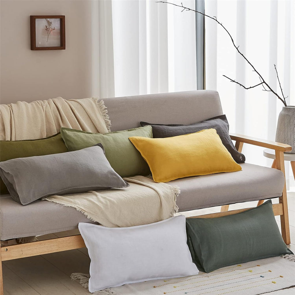 100% Linen Lumbar Pillow Cover 12 x 20 Inches Set of 2 Rectangular Decorative Throw Cushion Cover