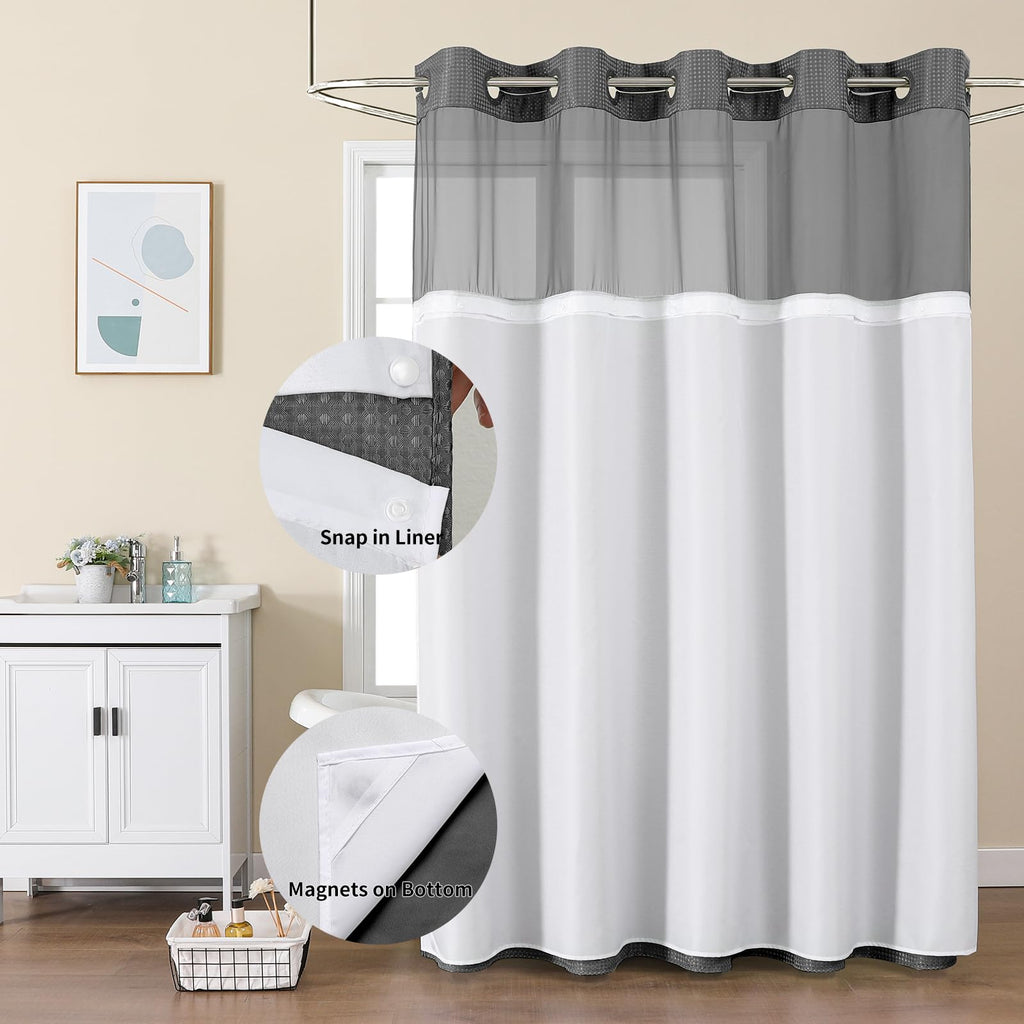 Charcoal Grey No Hook Waffle Shower Curtain Set, 72 x 75 Inch
