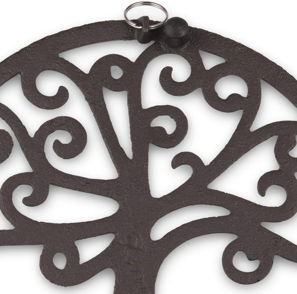 Cast Iron Trivet for Hot Dishes, Pots, and Pans, Metal Trivet, Tree of Life Design, Rubber Feet Caps, Ring Hanger, 8