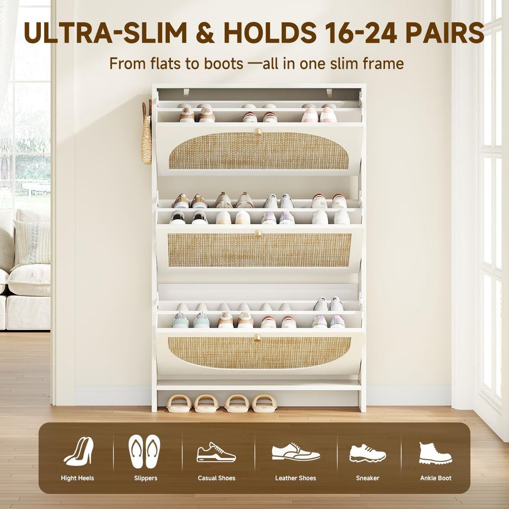 Shoe Cabinet Storage Slim 9.5" Freestanding Floor Base Shoe Storage Cabinet, 3 Flip Drawers with 3-Position